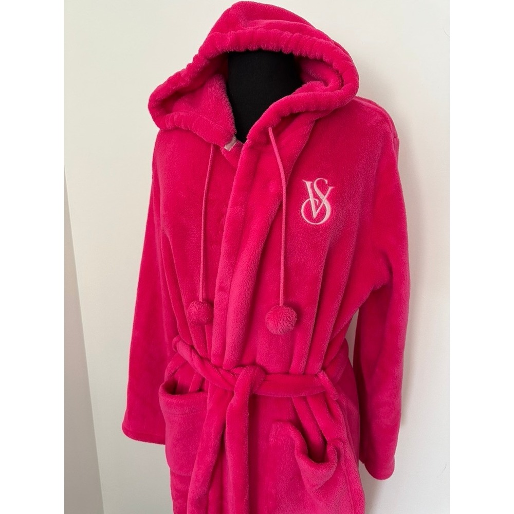 Victorias Secret Plush Hooded Robe Pom Pom Large Hot Pink Long Cozy Fleece